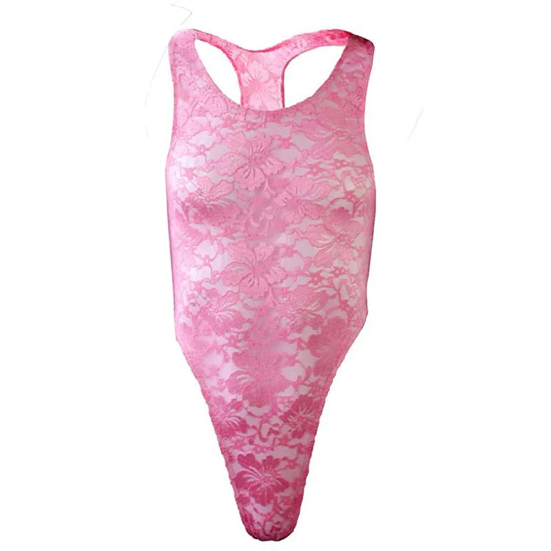 Sexy Men Lingerie One-Piece Floral Lace Semi See-Through Bodysuit