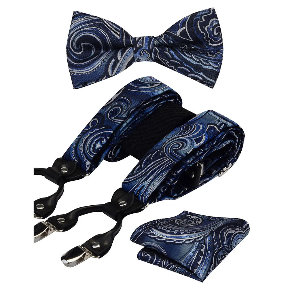 Y Shape Suspenders Bowtie and Pocket Square Set