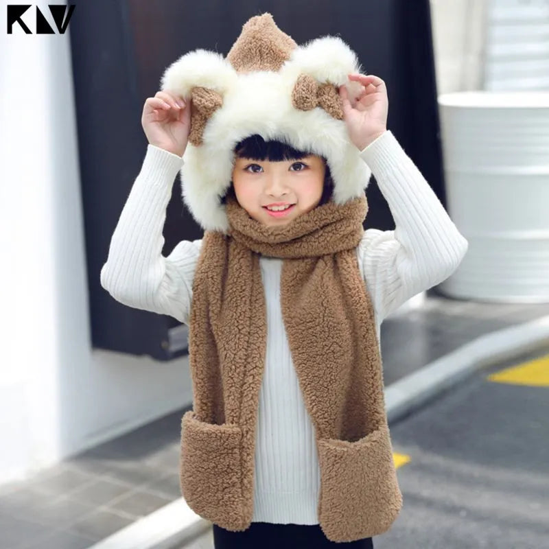 Warm Plush Winter Hat Cute Bowknot Bear Ears Scarf Gloves Hoodie Cap