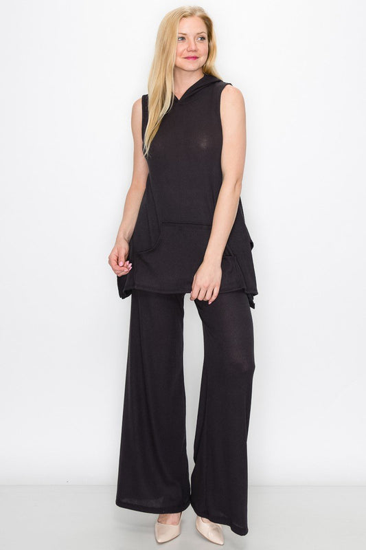 Sleeveless Hooded Top and Wide Leg Pants Set - Black