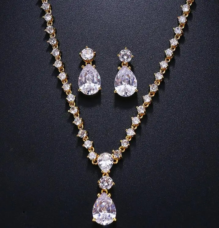 Simple Cubic Zirconia Crystal Women Earrings Necklace Set