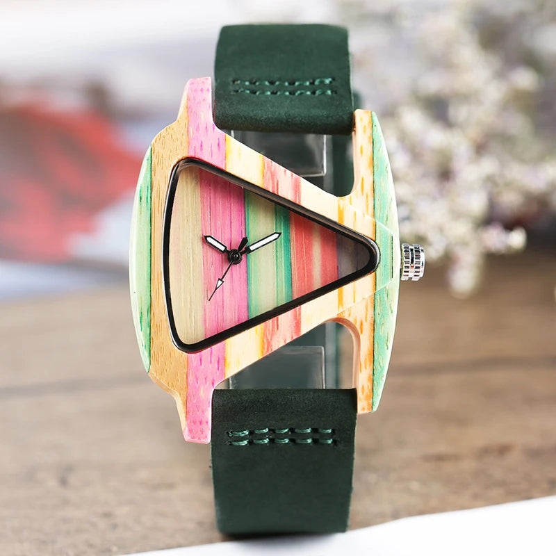 Wood Watch Creative Triangle Shape Dial Hour Clock Women Quartz Leather