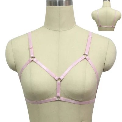 Original Design Pink Collar Bow Harness Bra Kawaii Open Chest Bondage Body Cage