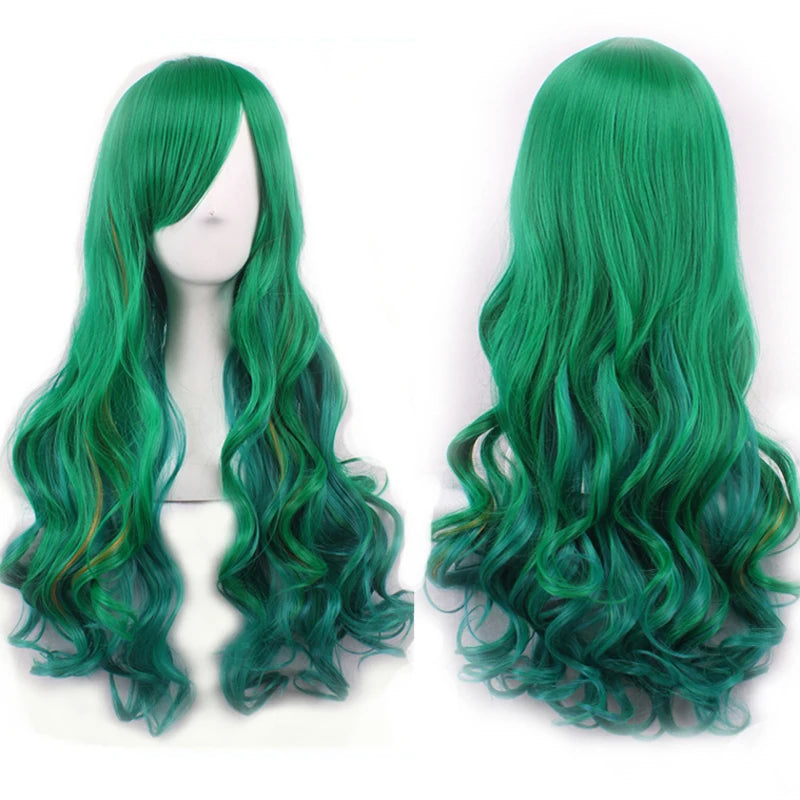 WoodFestival Green Synthetic Long Hair Wavy Wig With Bangs