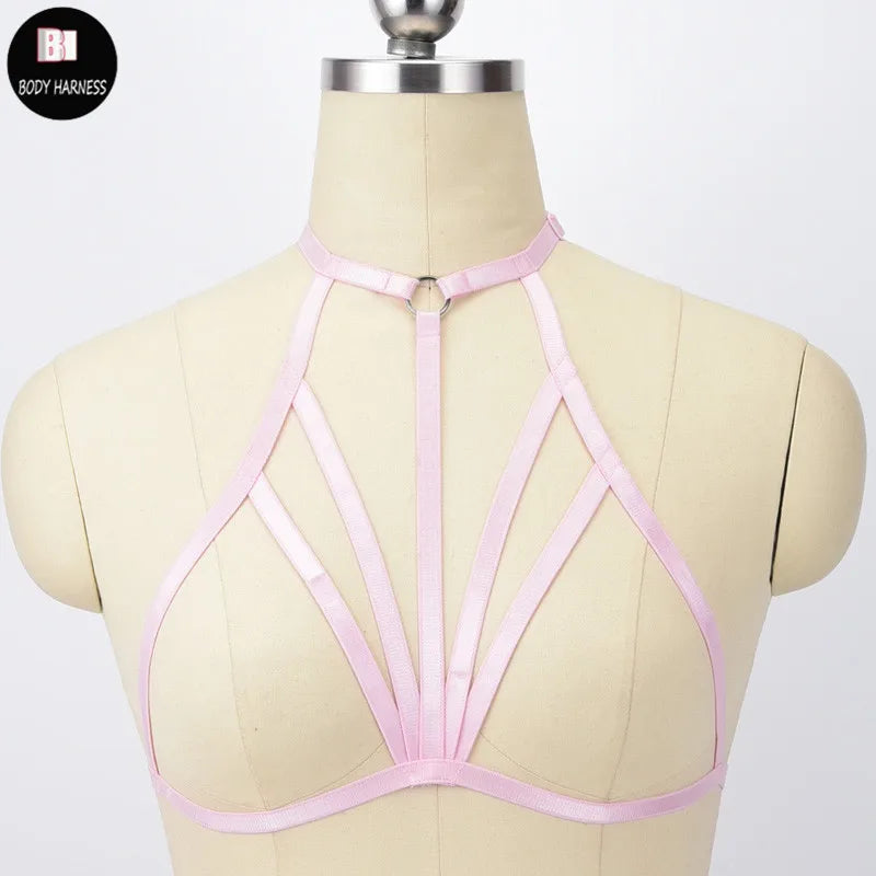 Original Design Pink Collar Bow Harness Bra Kawaii Open Chest Bondage Body Cage