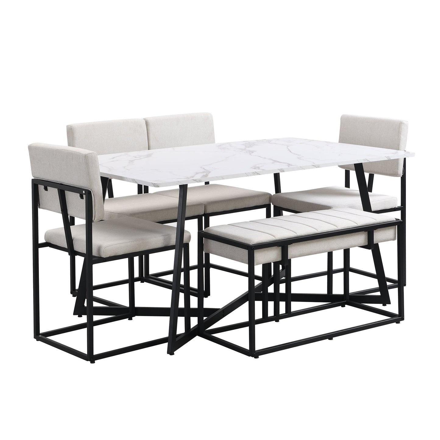 Modern Faux Marble 6-Piece Dining Table Set Dining Chairs and Bench