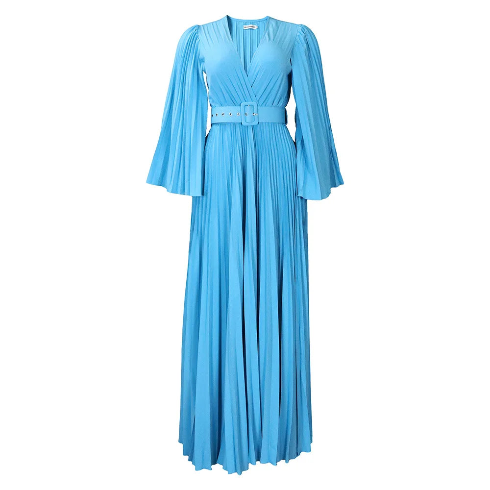 Women Chiffon Pleated Dress High Waist Floor Length Long Sleeve Deep v Dresses