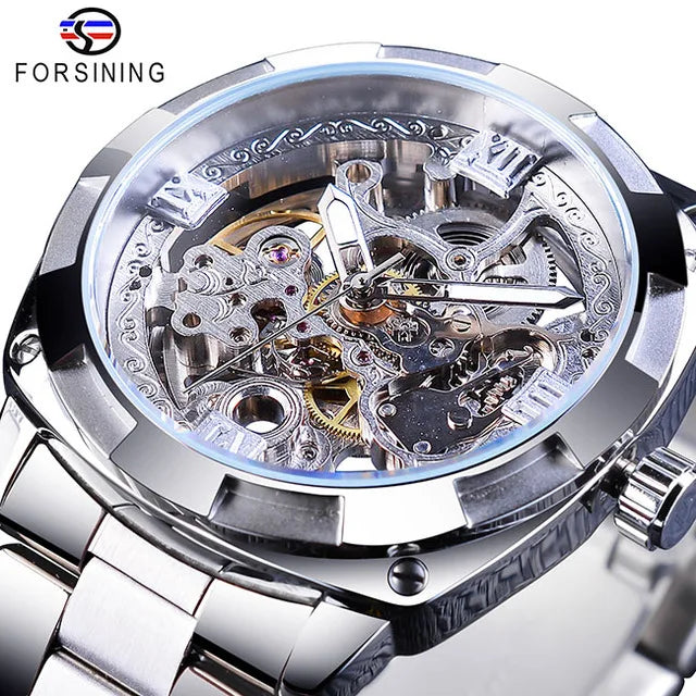 Transparent Men's Automatic Mechanical Full Golden Luminous Hands Skeleton Watch