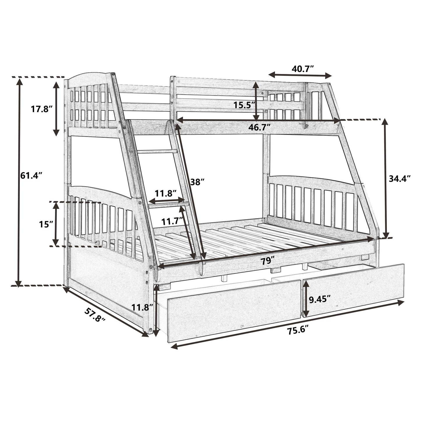 Solid Wood Twin Over Full Bunk Bed With Two Storage Drawers, Espresso