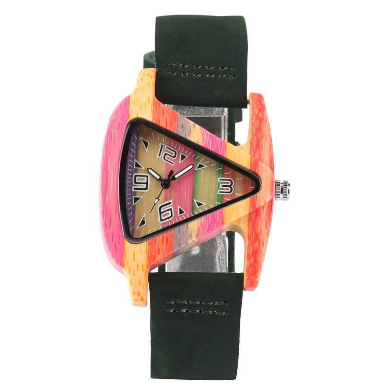 Wood Watch Creative Triangle Shape Dial Hour Clock Women Quartz Leather