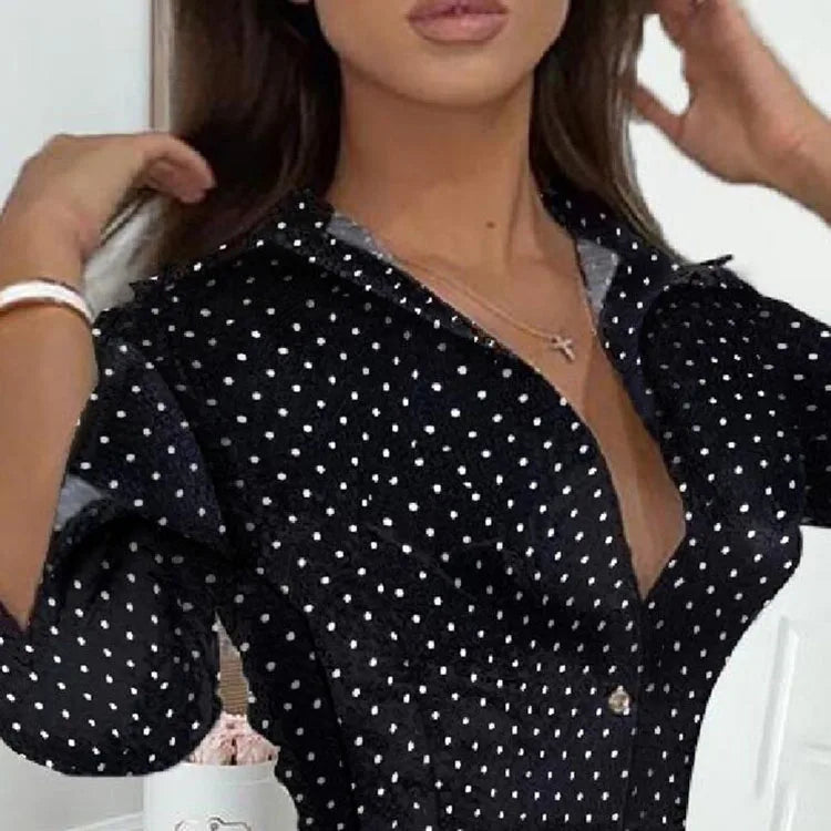 Women's Dot Print Pleated Dress Clothing Black Long Sleeve Turn Down Collar