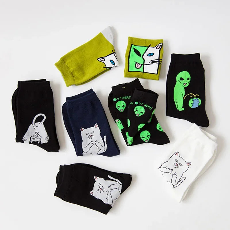 Women Art Funny Alien Planet Creative Funny Cartoon Cat Cotton Socks