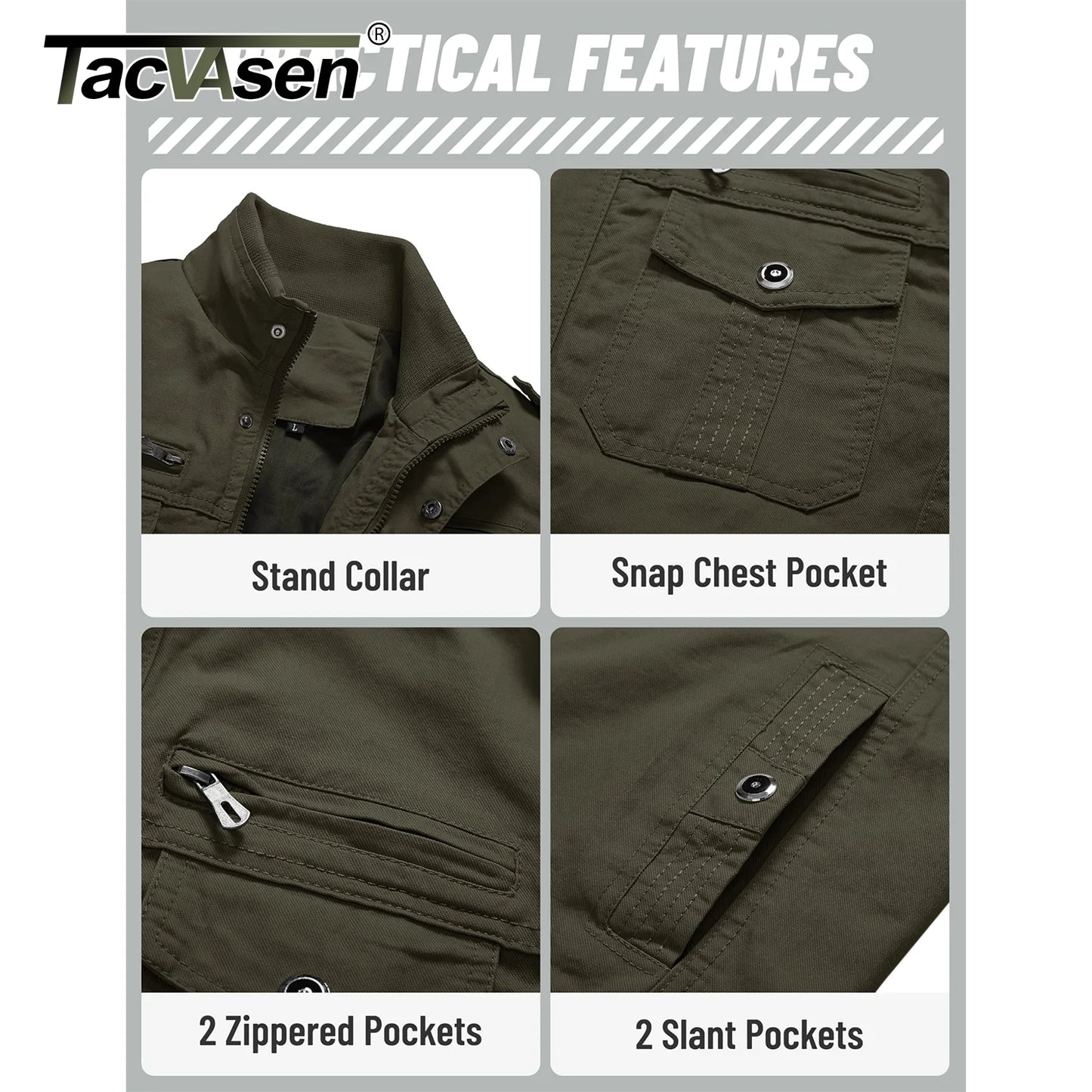 TACVASEN Pilot Bomber Jacket Coats Mens Cotton Cargo Jackets With Zipper Pockets