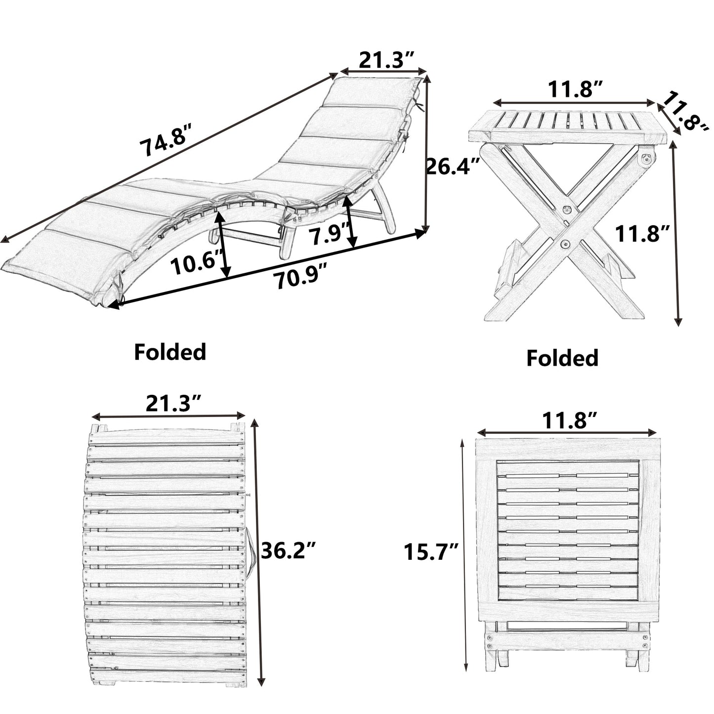 Outdoor Patio Wood Portable Extended Chaise Lounge Set With Foldable Tea Table