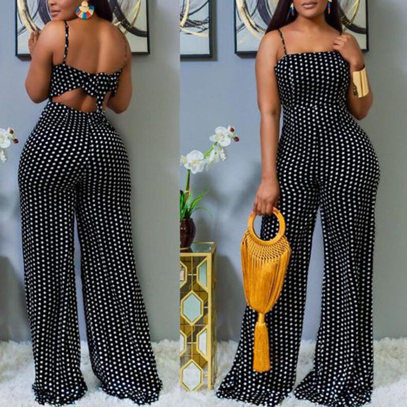 Summer Women's Fashion Spots Printed Sling Wide Leg Jumpsuitl Dresses