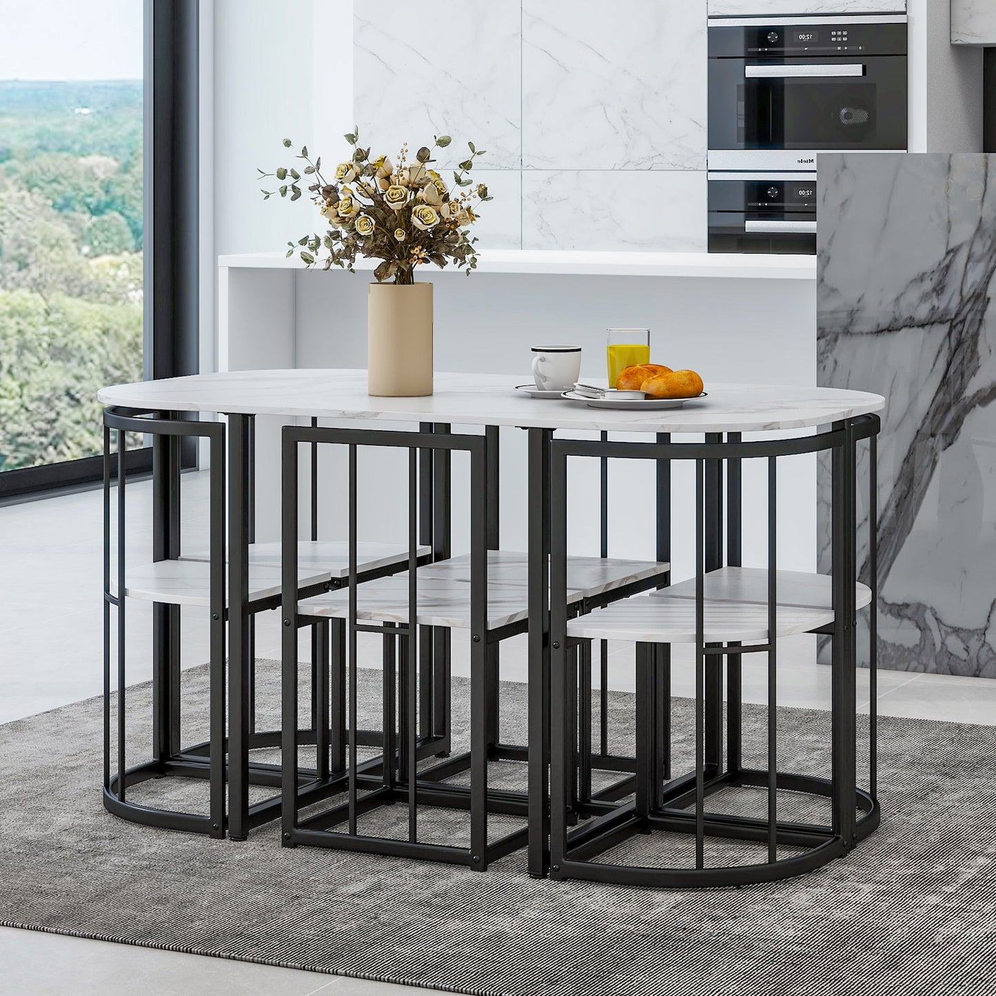 Modern 7-Piece Dining Table Set With Faux Marble Compact