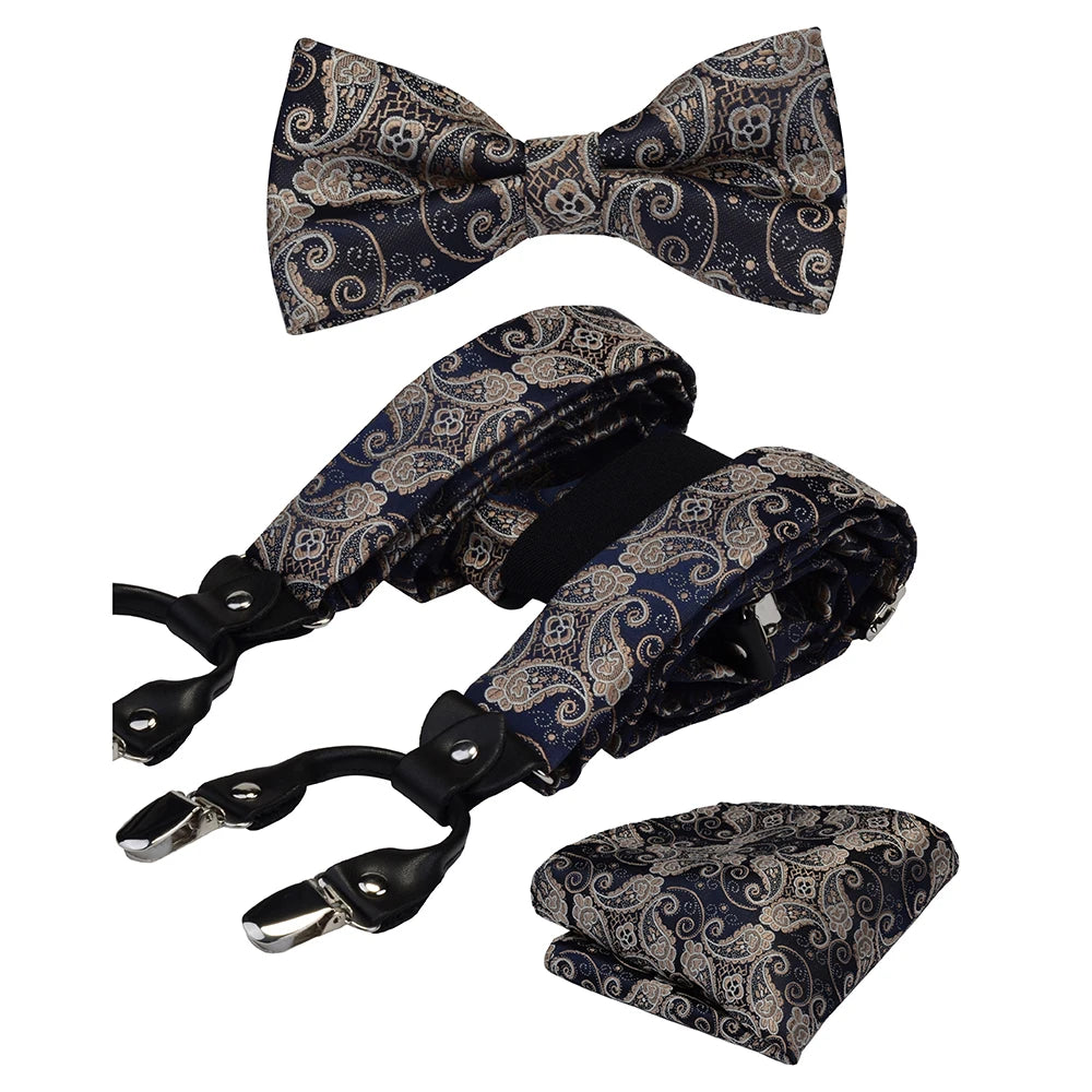 Y Shape Suspenders Bowtie and Pocket Square Set