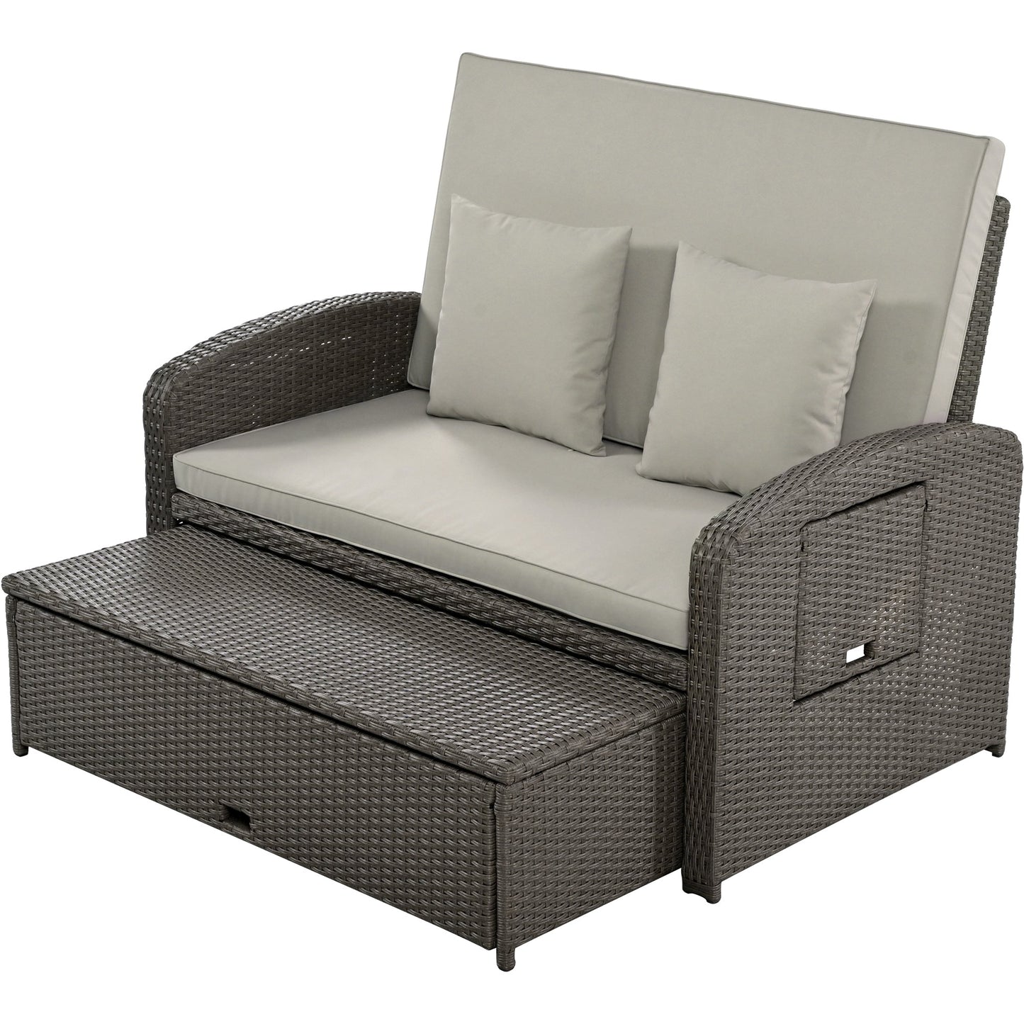 PE Wicker Rattan Double Chaise Lounge, 2-Person Reclining Daybed