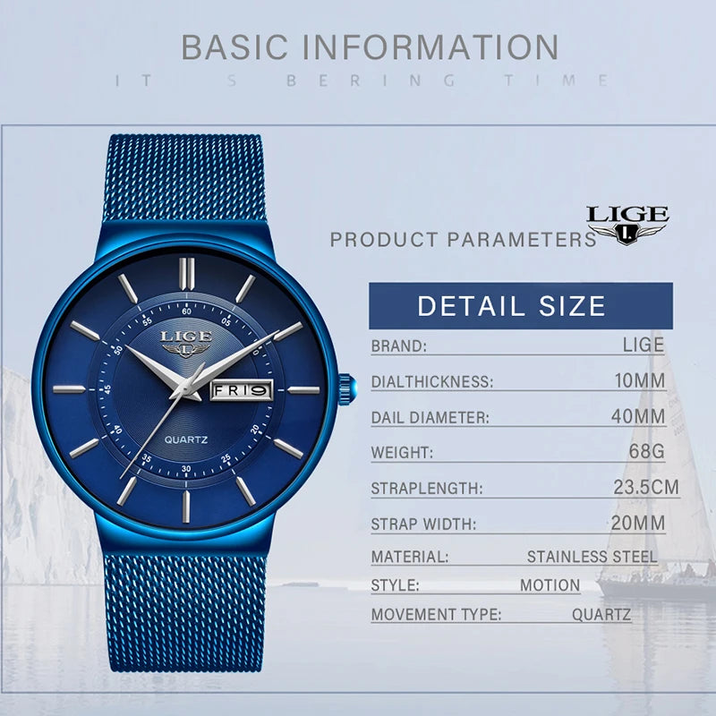 New Blue Quartz Clock LIGE Mens Watches Waterproof Wrist Watch Reloj Hombre