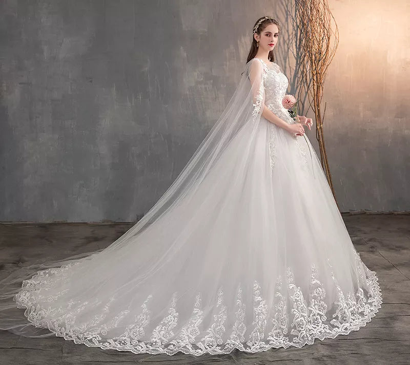 Wedding Dress With Long Cap Lace Wedding Gown With Long Train Embroidery