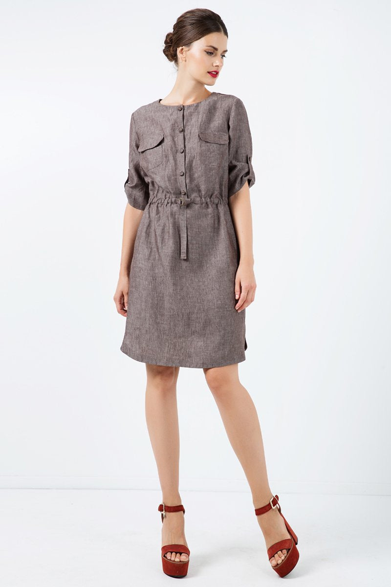 Straight Brown Linen Dress With Belt Detail