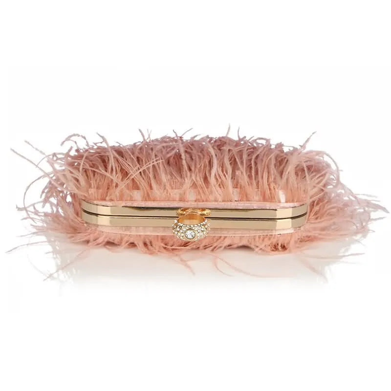 Ostrich Fur Feather Wallet Clutch Bag  Evening Bag Chain Purse