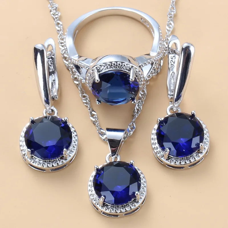 Silver Jewelry Sets Green Cubic Zirconia Necklaces Pendants Earrings and Ring