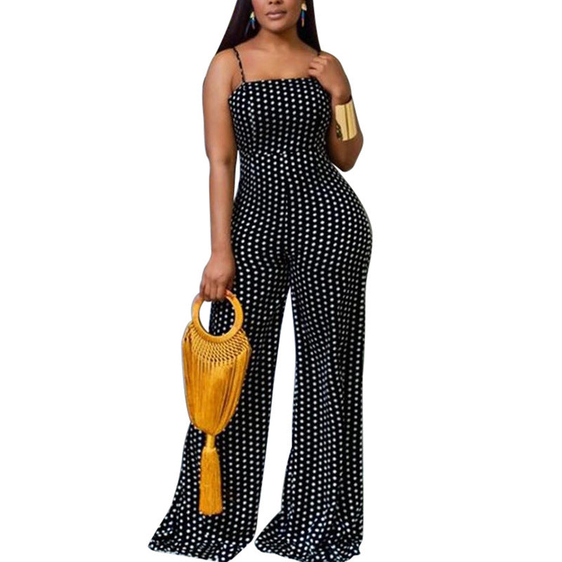 Summer Women's Fashion Spots Printed Sling Wide Leg Jumpsuitl Dresses