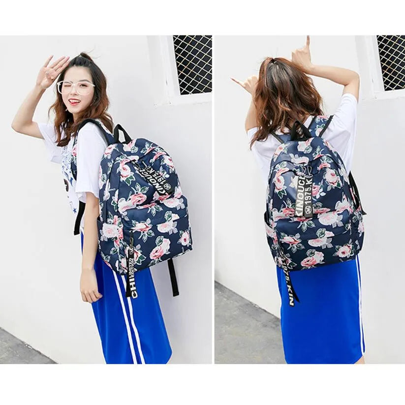 Teenage Girls Schoolbag Children Black Flower Backpack