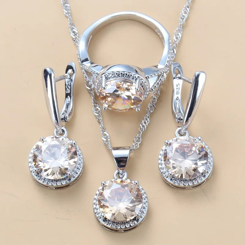 Silver Jewelry Sets Green Cubic Zirconia Necklaces Pendants Earrings and Ring