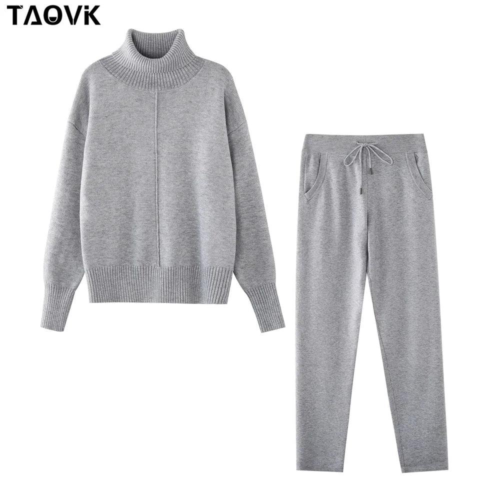 Women's Woolen Knitted Suit High Collar Sweater + Pants Loose Style