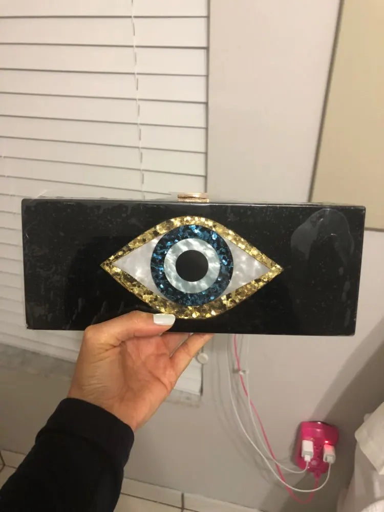 Solid Black Patchwork Glitter Evil Eye  Acrylic PVC Plastic Box Clutches  Bags