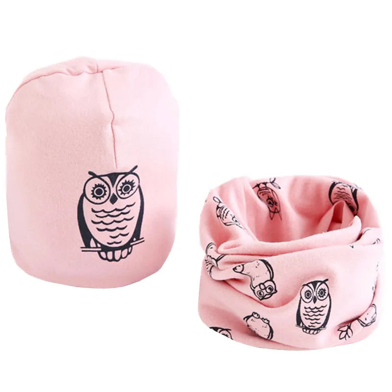 New Spring Autumn Girls Hat Scarf Set Cartoon Owl Star Swan Baby  Kids Hat Set