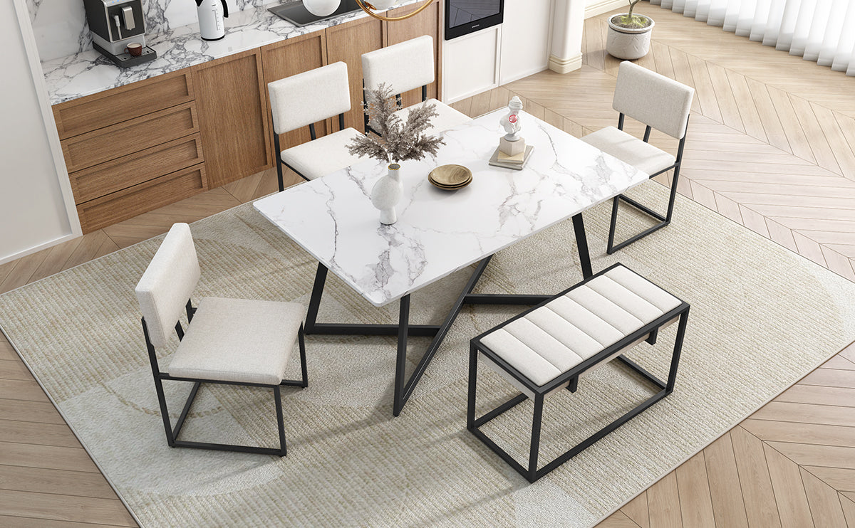 Modern Faux Marble 6-Piece Dining Table Set Dining Chairs and Bench