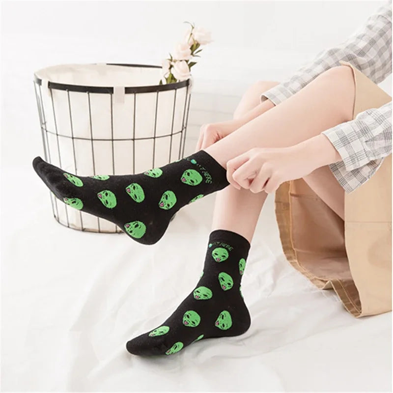 Women Art Funny Alien Planet Creative Funny Cartoon Cat Cotton Socks