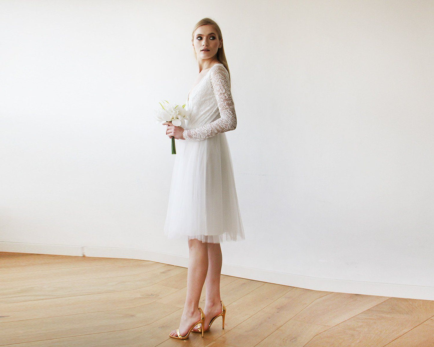 Short Wedding Dress ,Ivory Tulle & Lace Midi  Dress