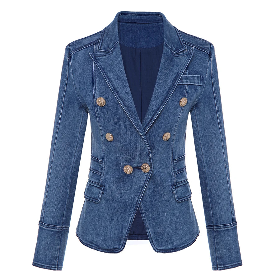 Women's Metal Lion Buttons Double Breasted Denim Blazer Jacket Outer Coat