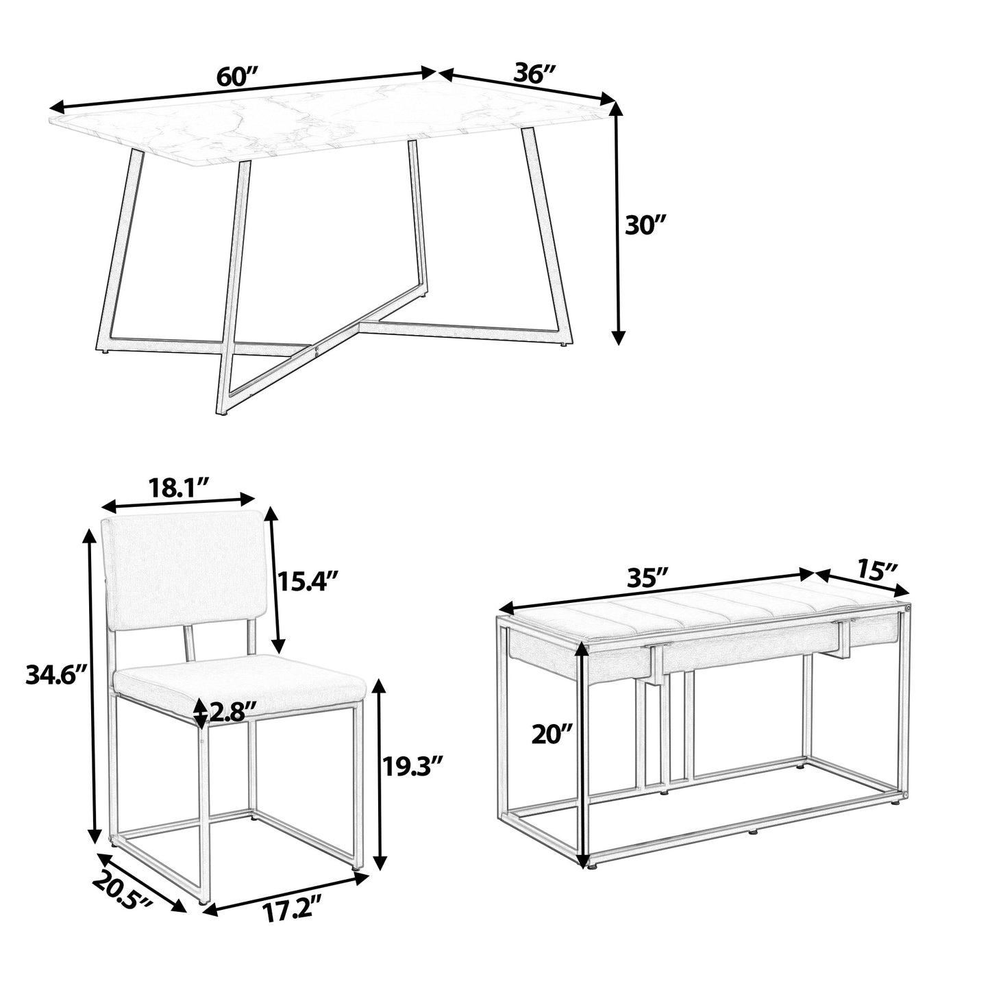 Modern Faux Marble 6-Piece Dining Table Set Dining Chairs and Bench