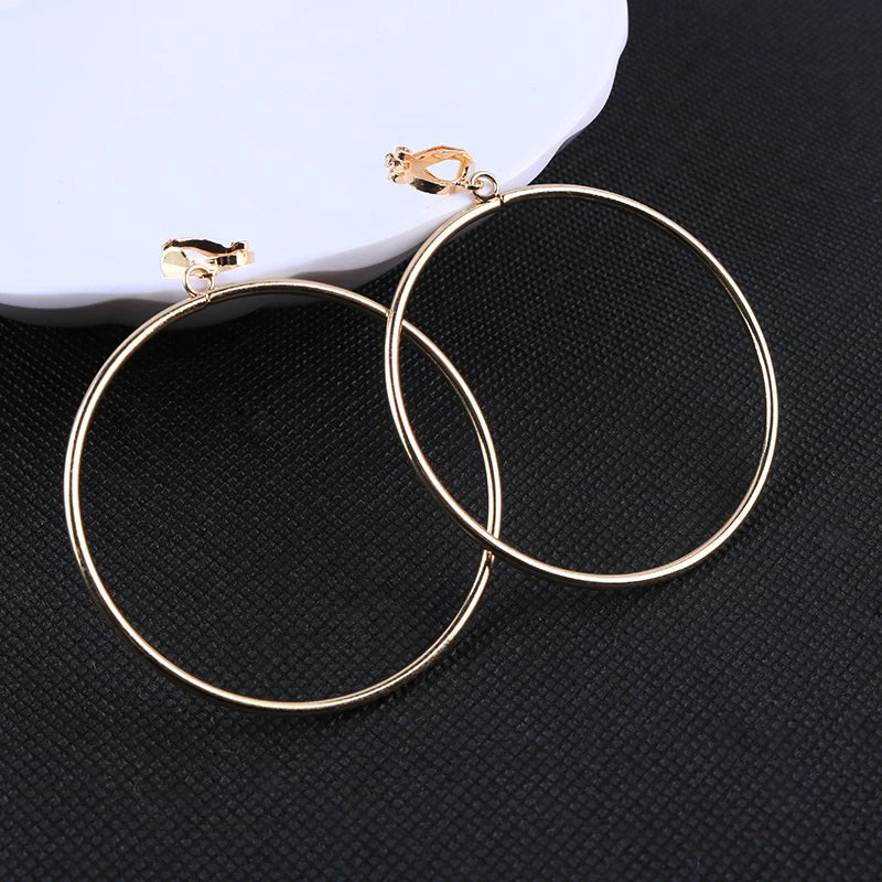 Round Clip on Earrings No Pierced Ear Clip Metal Simple Big Earring