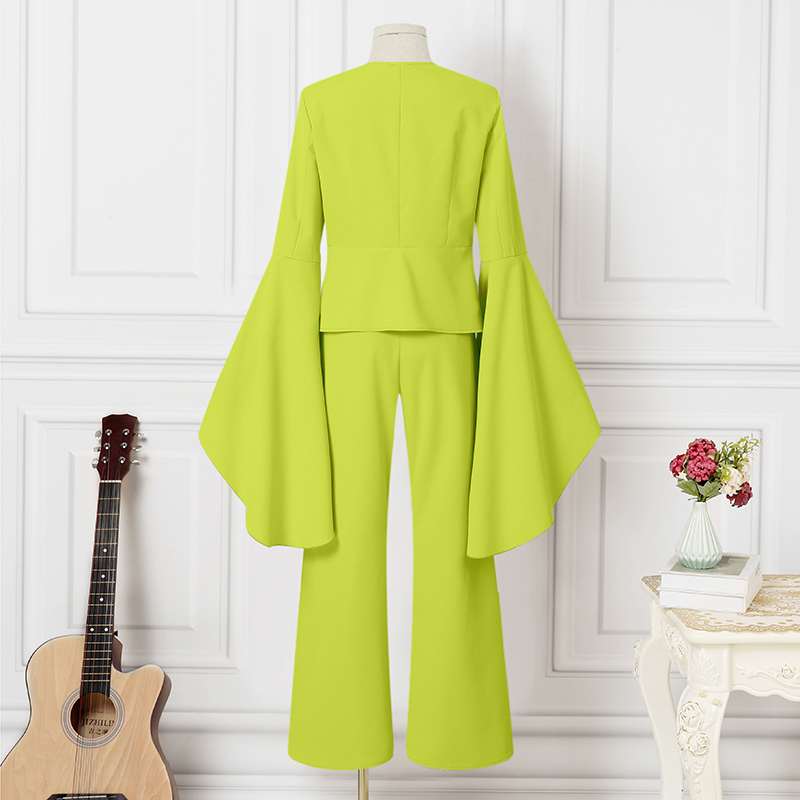 Pants Suits Women Flare Sleeve v Neck Tops and Long Bell Bottoms