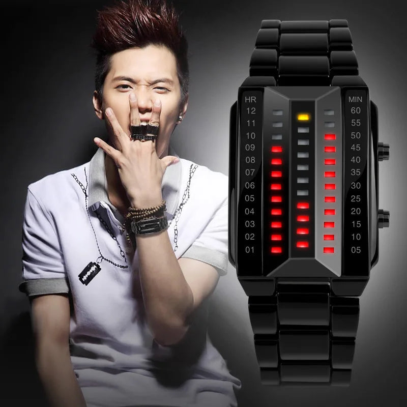 Waterproof Men Stainless Steel Red Binary LED Electronic Display Sport Watches