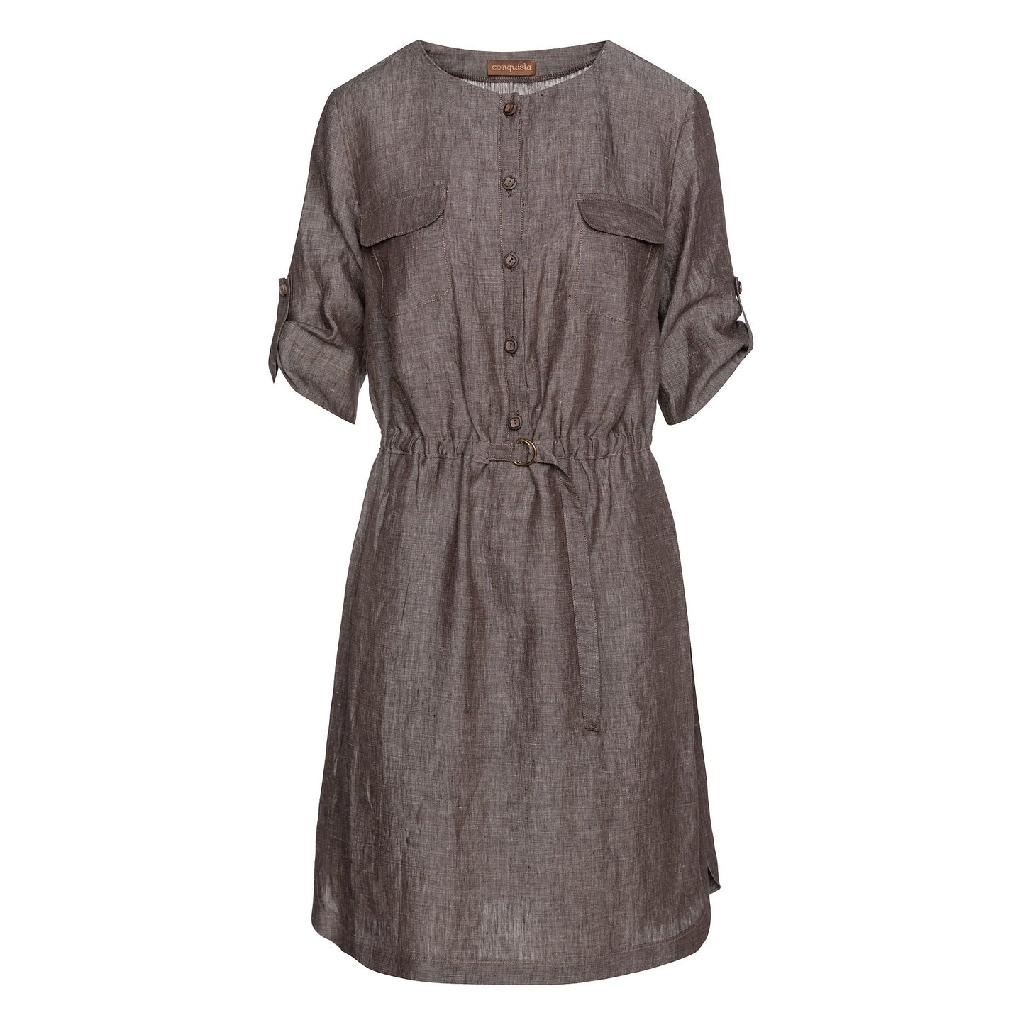 Straight Brown Linen Dress With Belt Detail