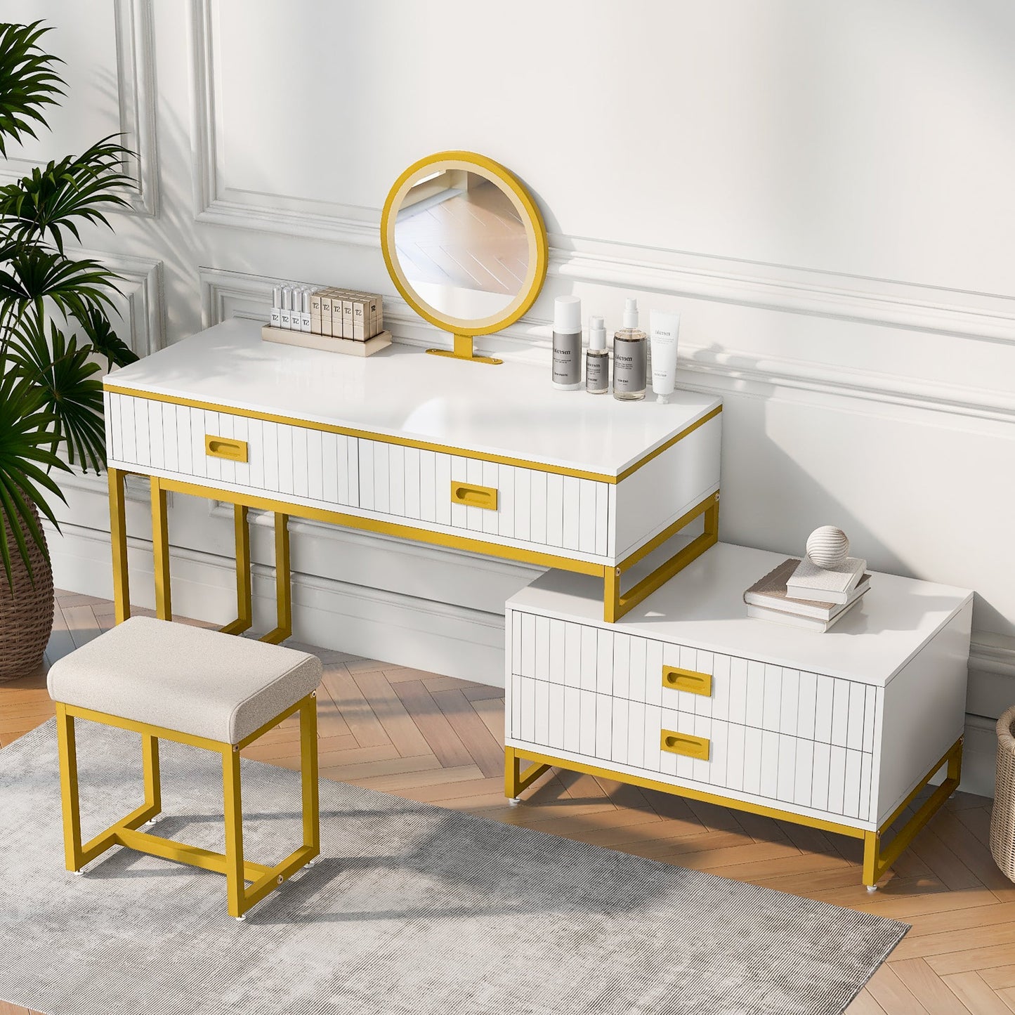 Vanity Table With Movable Side Cabinet and 4-Drawers