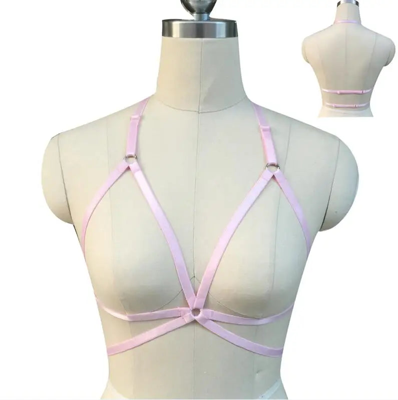 Original Design Pink Collar Bow Harness Bra Kawaii Open Chest Bondage Body Cage