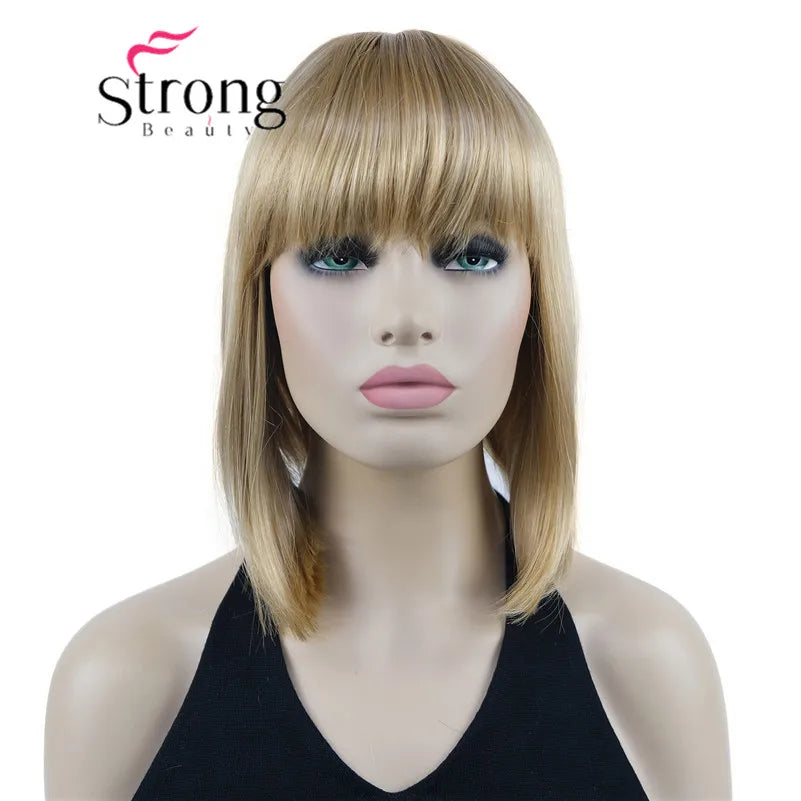 Short Straight Blonde Highlighted Bob With Bangs Synthetic Wig