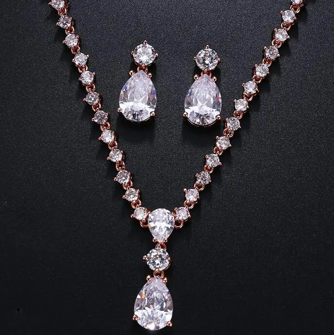 Simple Cubic Zirconia Crystal Women Earrings Necklace Set