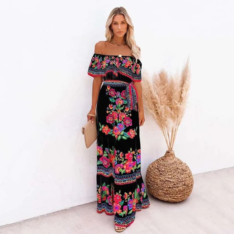 Summer Floral Print Off Shoulder Women Mexican Dress