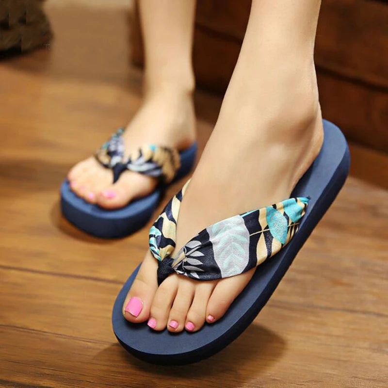 Silk Flower Print Casual Women Slippers Beach Platform Shoes Flip Flops