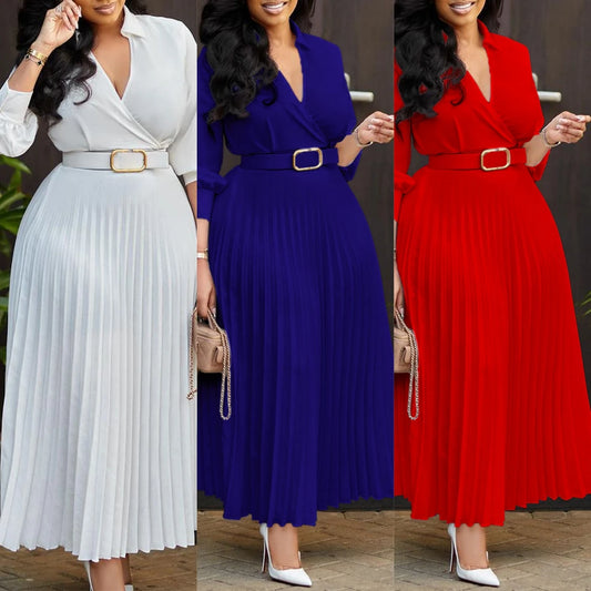 Spring Dresses Women Long Sleeve V-Neck Pleated Dress With Belt