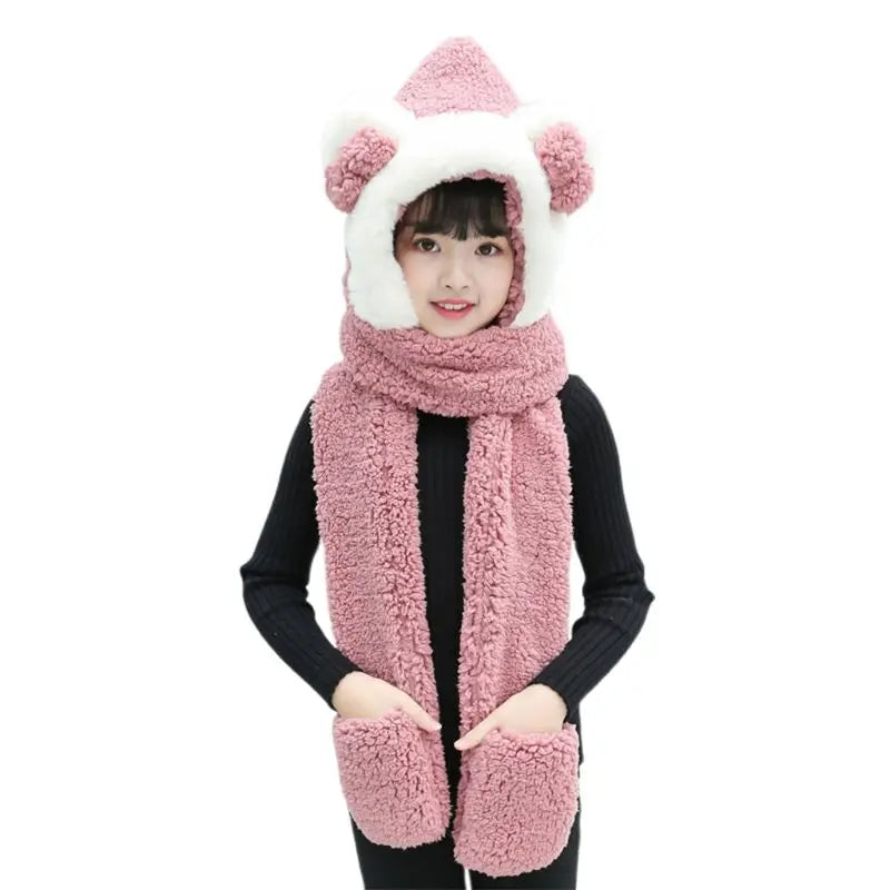 Warm Plush Winter Hat Cute Bowknot Bear Ears Scarf Gloves Hoodie Cap